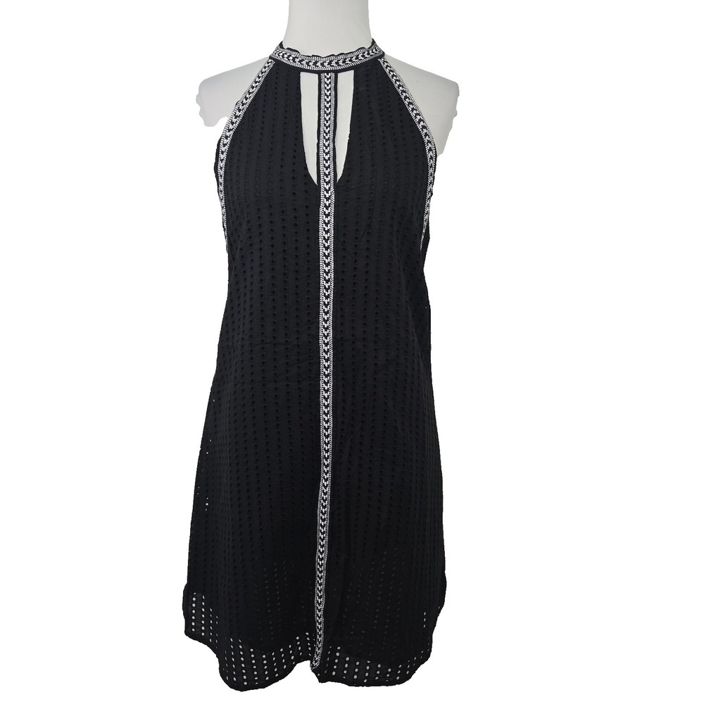 BCBG MAXAZRIA Size Small Black Eyelet High‎ Neck Keyhole Sleeveless Lined Dress